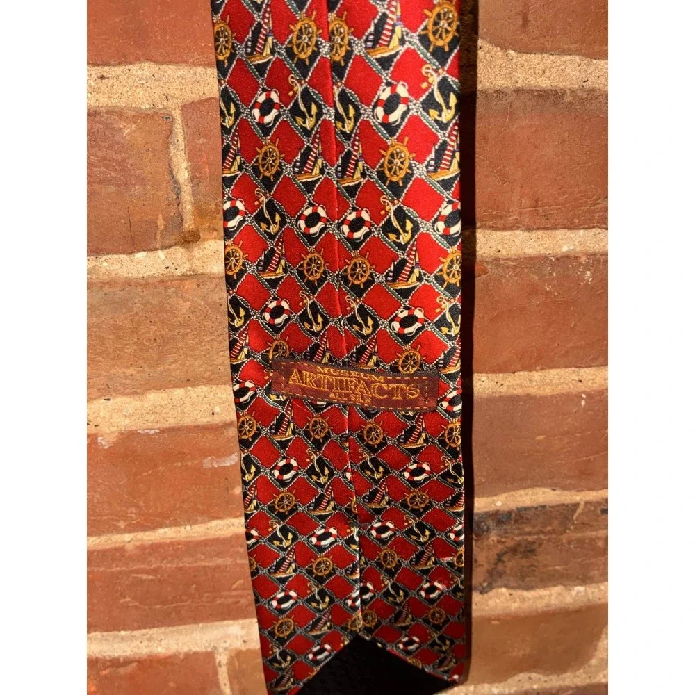Museum Piece Red‎ Nautical Anchor Sailboat Life Ring Ship Wheel Silk Tie